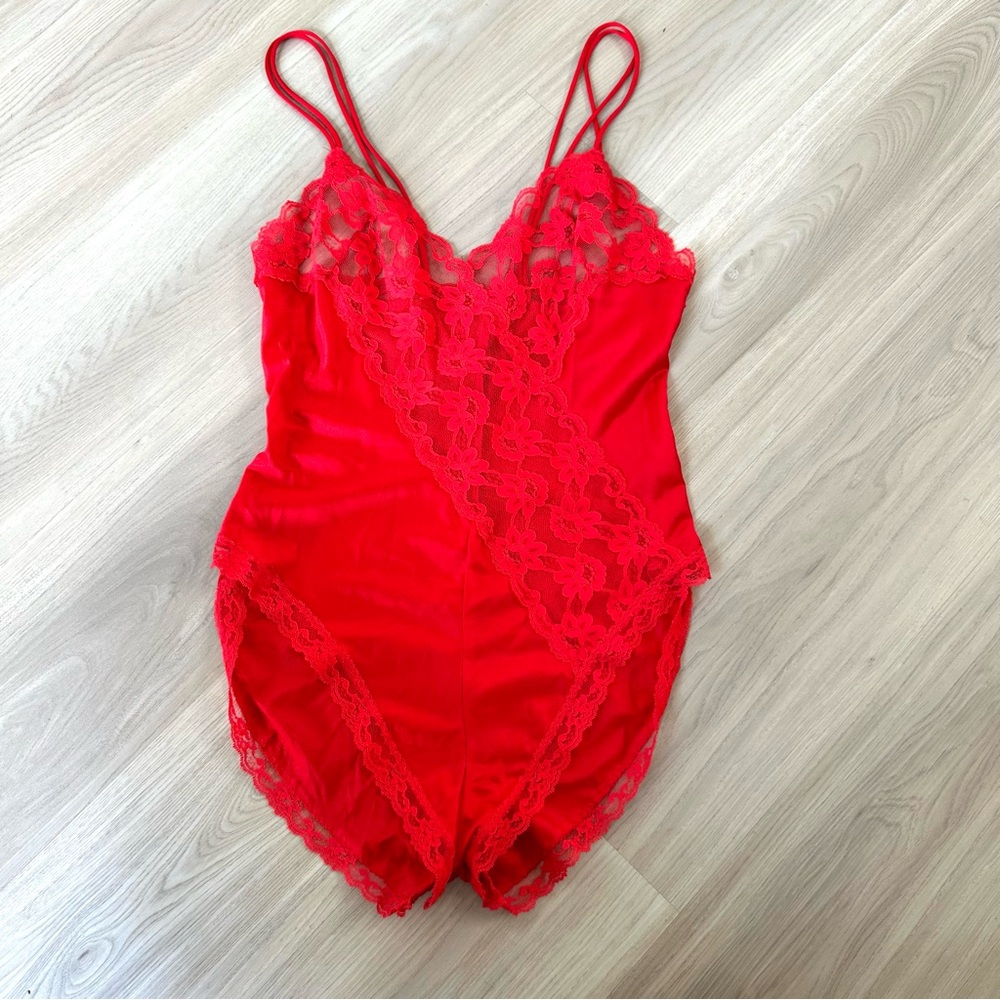 Vintage Red Nylon Lace Teddy Sheer M?